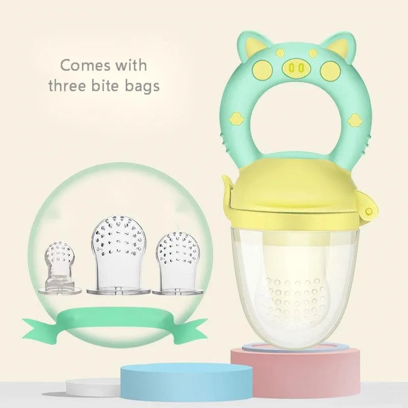 Silicone baby teether in blue, green, and pink colours with mouthpiece design options