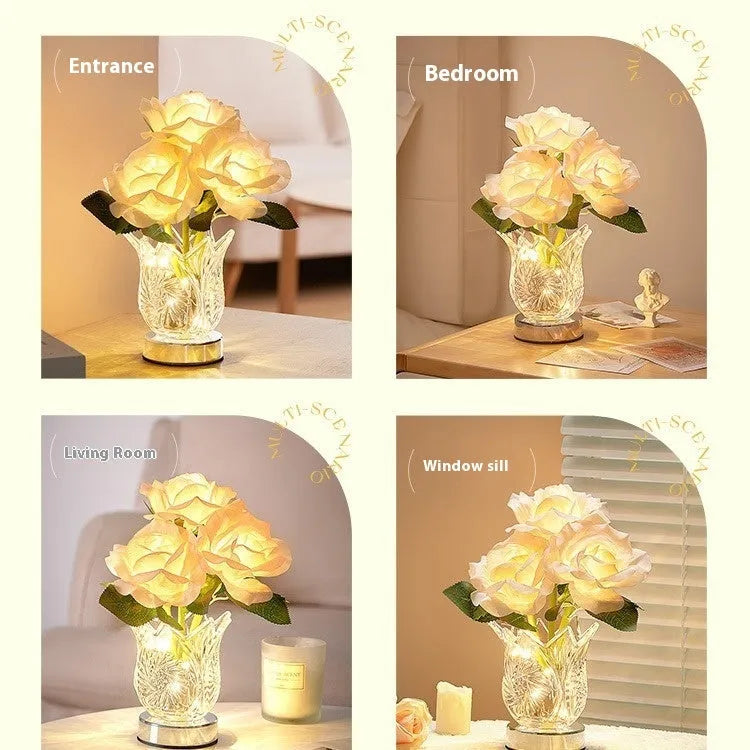 White crystal flowers touch control table lamp with USB charging cable on bedside table