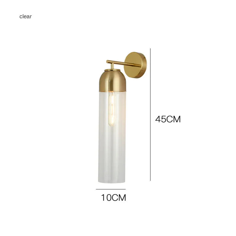 Nordic minimalist glass wall lamp in smoke grey colour mounted on a light wall.