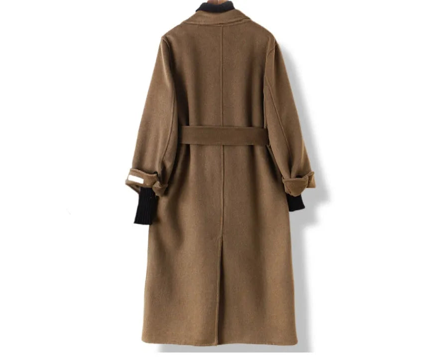 Long men's wool coat with a suit collar in black and caramel colour options.