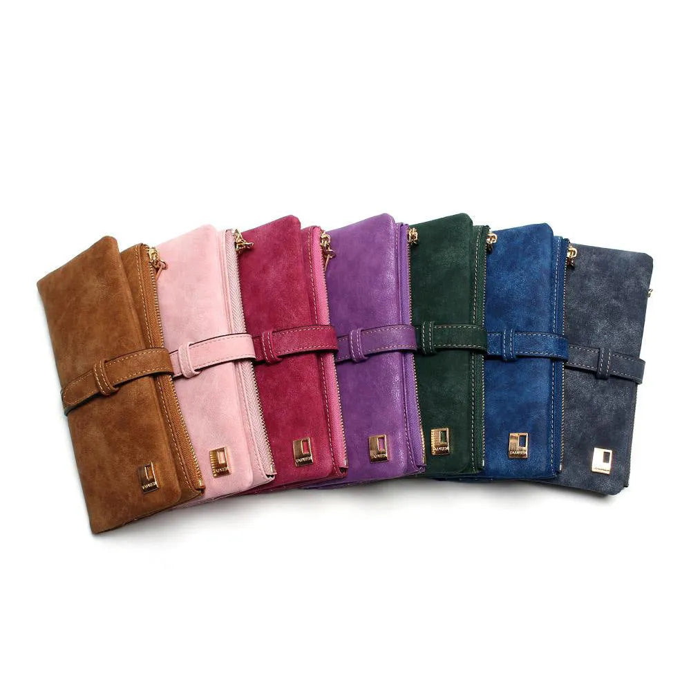 Long retro matte PU leather women's wallet open to show card slots and zip compartment.