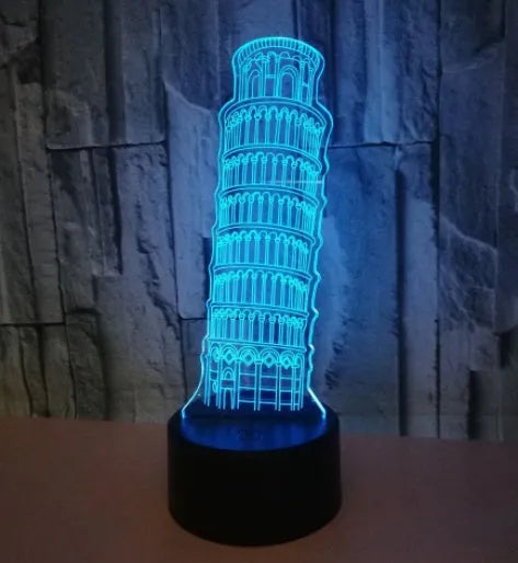 3D Leaning Tower of Pisa acrylic nightlight on black base with multi-colour LED illumination.