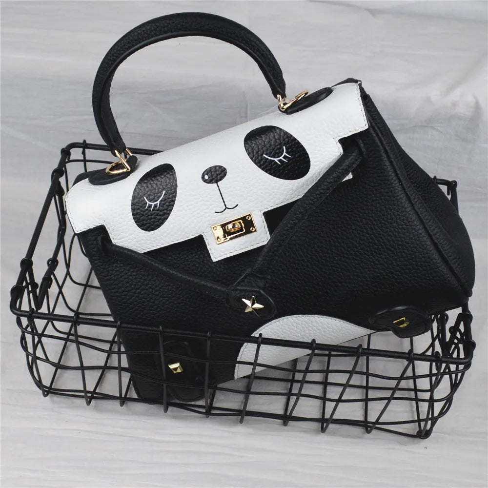 Panda print cow leather handbag in horizontal square shape with sweet lady style