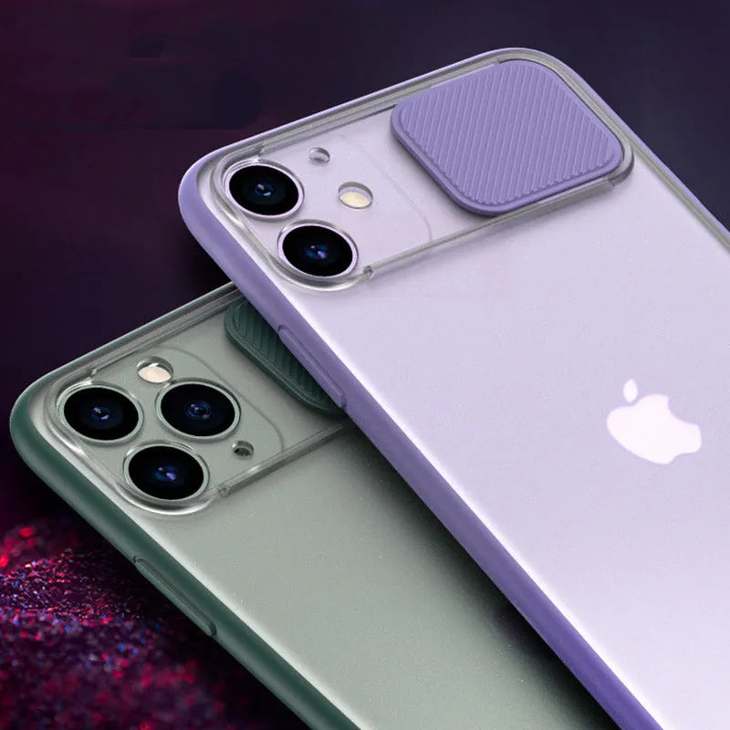 Silicone iPhone case with frosted frame around camera lens in solid colour options like black, blue, pink, and yellow.
