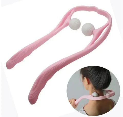 Plastic hand-held neck and shoulder massage roller in blue, with adjustable stand and 3D floating-point massage head.