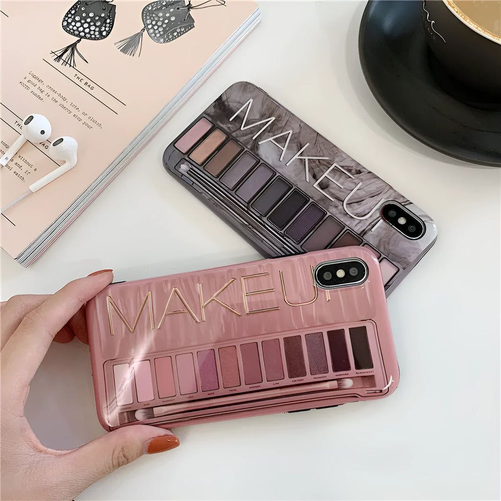 Silicone eye shadow phone case for iPhone in flesh and grey colour options.