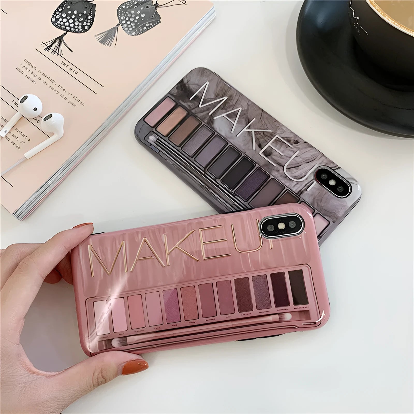 Silicone eye shadow phone case for iPhone in flesh and grey colour options.