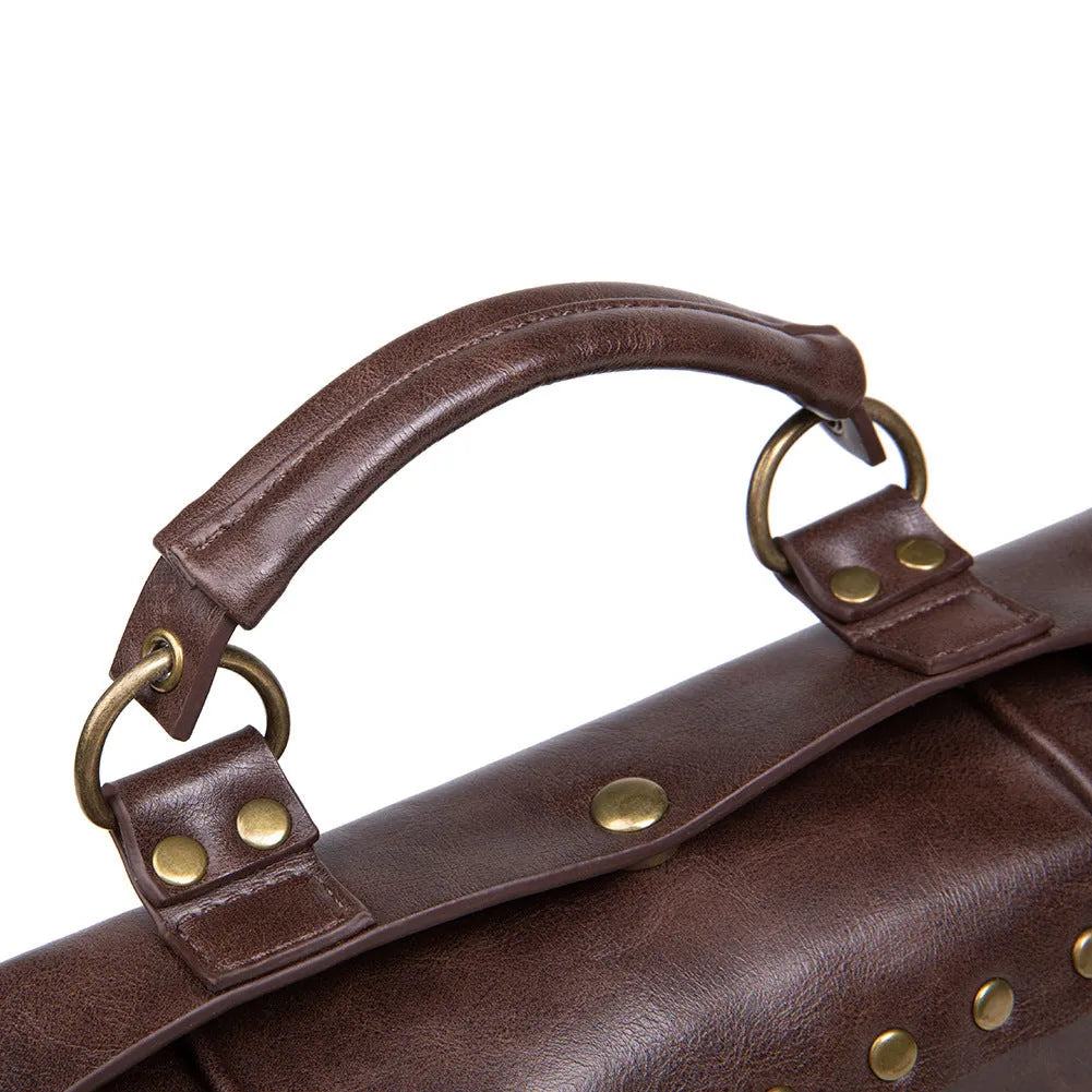Bronze steampunk industrial retro shoulder bag with metal hardware on horizontal square pillow shape