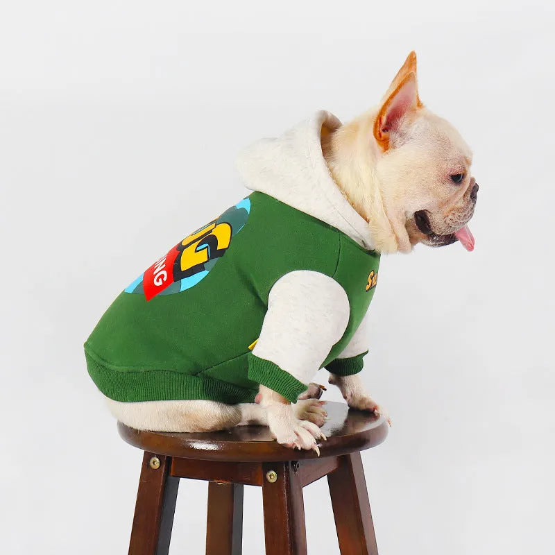 Green cotton dog clothing shown on large breed dog for autumn and winter wear