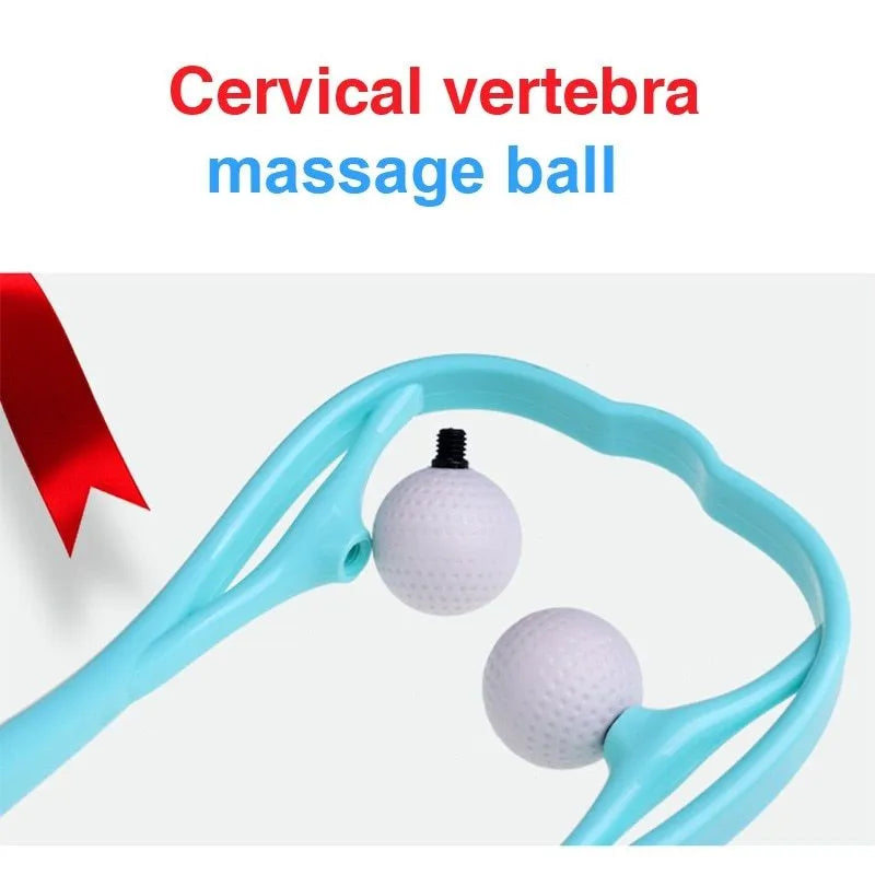 Plastic hand-held neck and shoulder massage roller in blue, with adjustable stand and 3D floating-point massage head.
