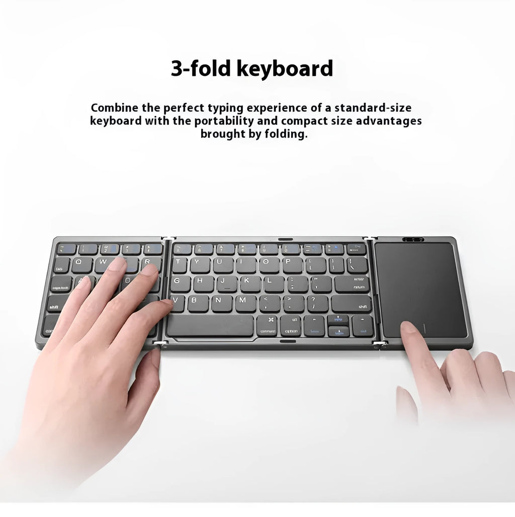 Three folding wireless Bluetooth keyboard with touch pad, 30.4cm portable keyboard in black, dark grey or silver white