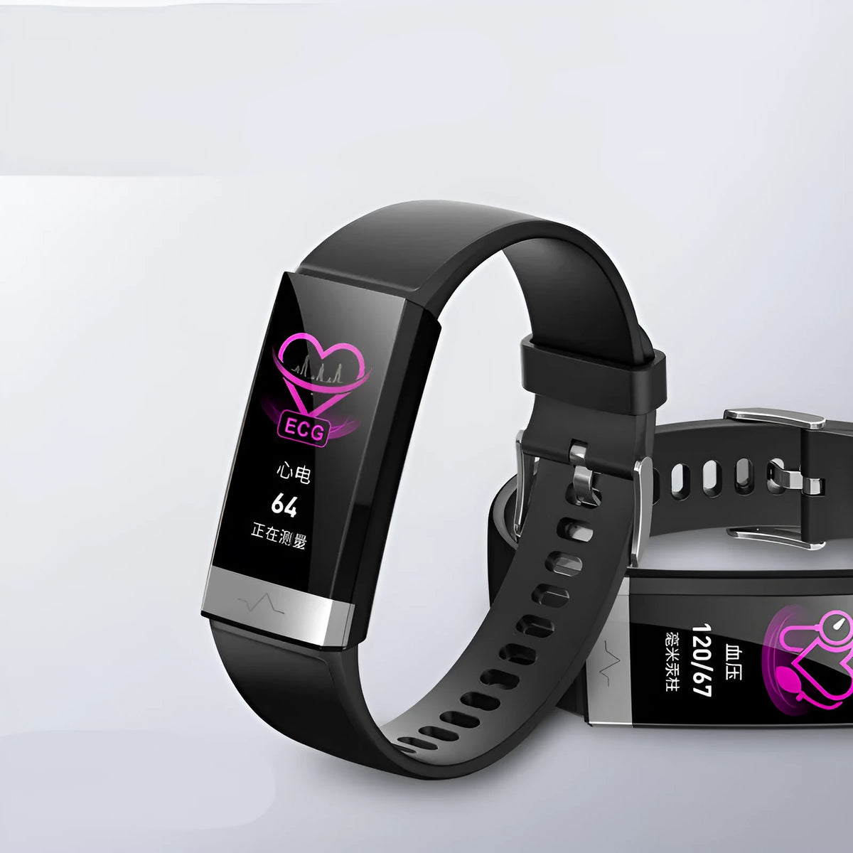 V19 smart fitness bracelet with colour screen on a black TPU strap, showing health metrics display.