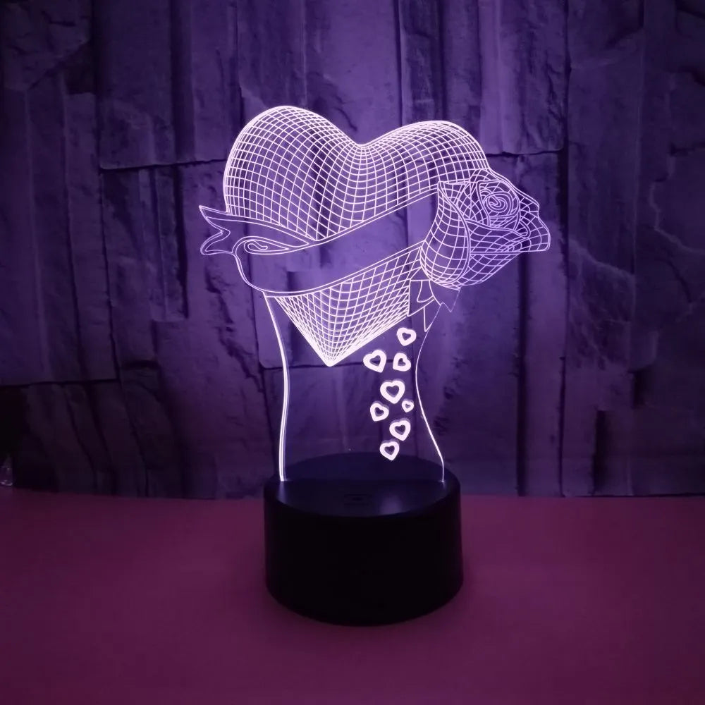 3D night light with acrylic board and black ABS base, showing seven colours and USB cable