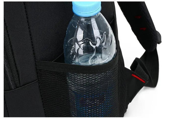 Blue Oxford fabric backpack with side zipper pockets and thick shoulder straps