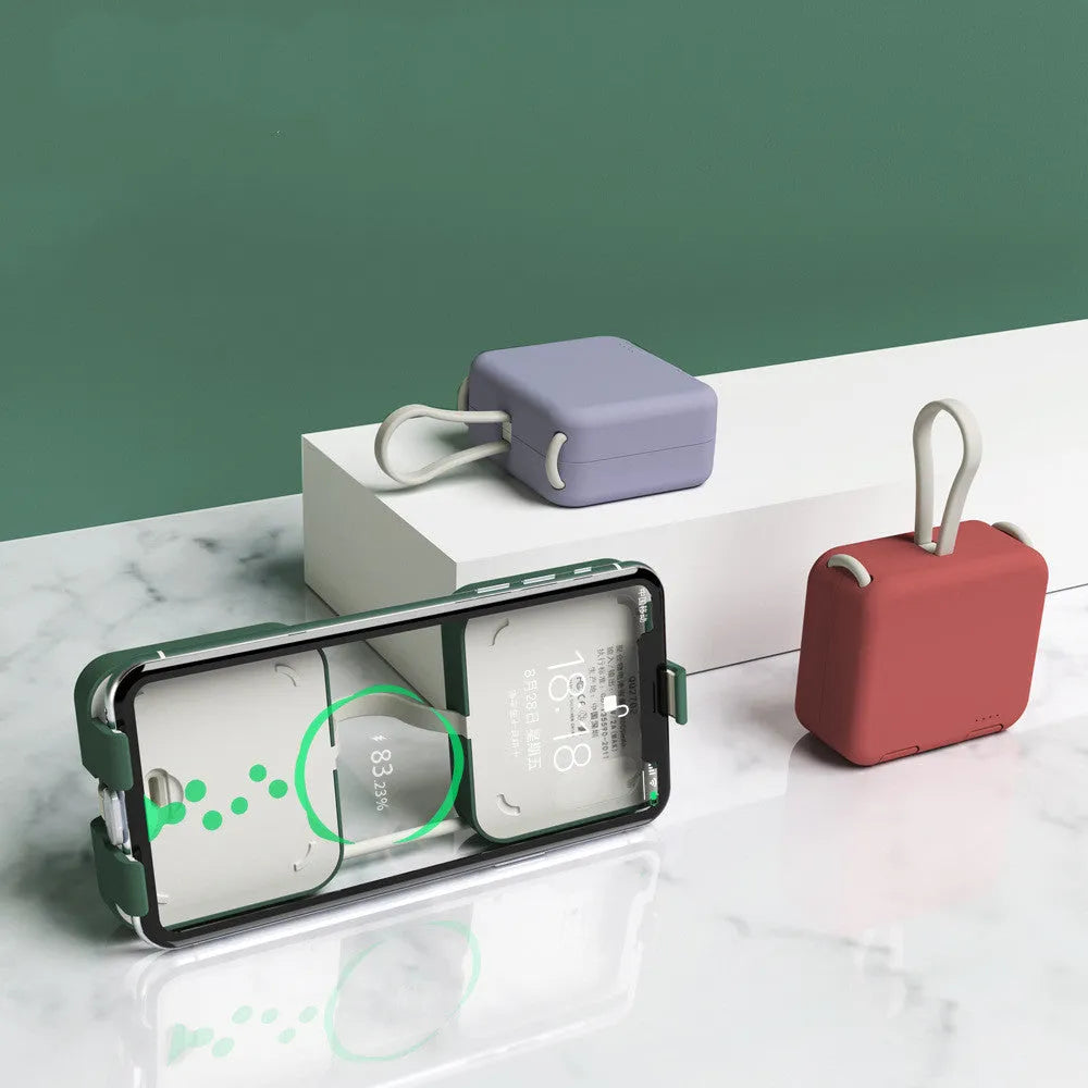 Handbag back clip power bank in blue, showing clip, phone stand function, and Type-C charging ports.