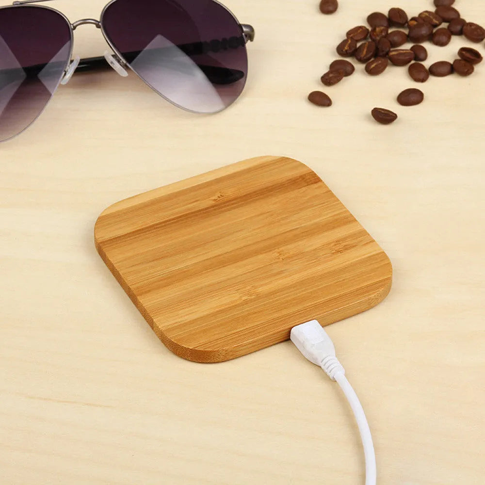 Square bamboo wood 5W QI wireless charging stand for smartphones