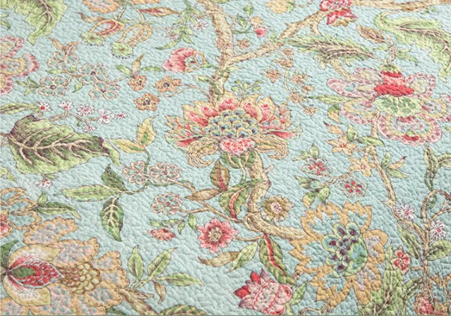 Blue cotton bedspread with American flower and bird quilted pattern, 230x250 cm three-piece set.