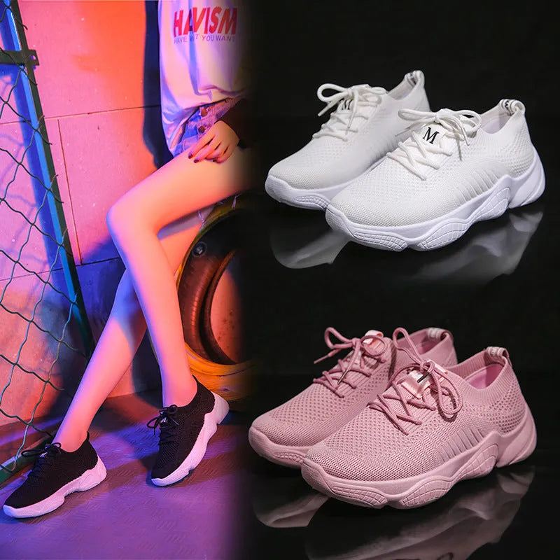 Women's white woven sports shoes with thick rubber soles and front strap design