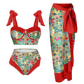 Women's printing pattern three-piece swimsuit set in polyester with skirt, bra and panties