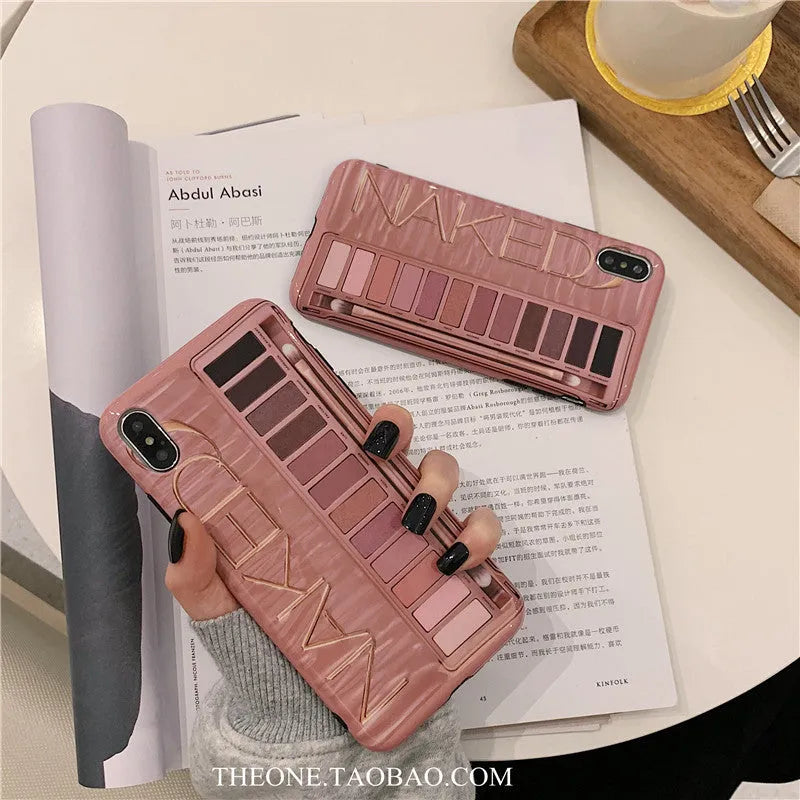 Silicone eye shadow phone case for iPhone in flesh and grey colour options.