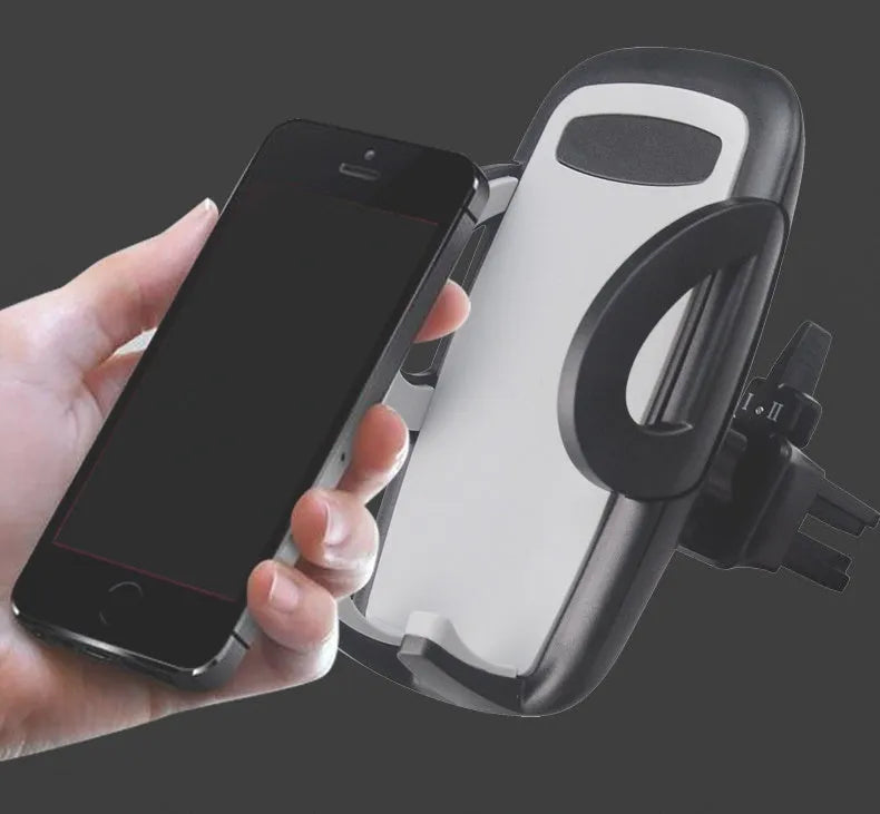 Black plastic car air conditioning vent mobile phone holder showing adjustable clamp for universal device mounting.