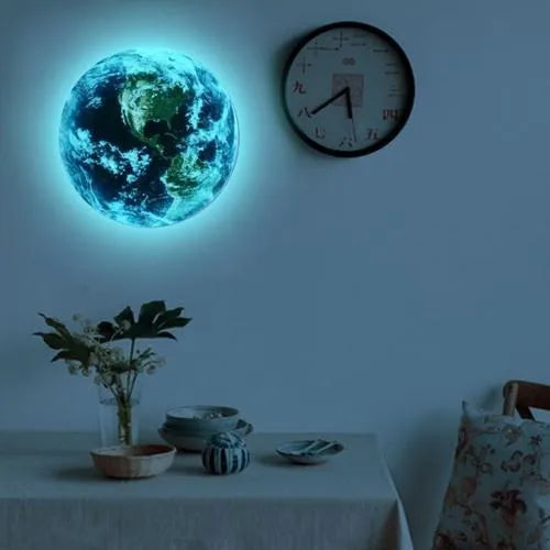 Glow in the dark Earth planet wall sticker showing luminous effect in darkness with PVC removable construction