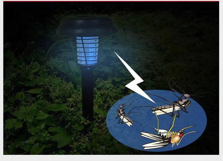 Black solar insect killing lamp with white and purple lights for garden pest control