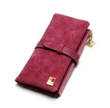 Long retro matte PU leather women's wallet open to show card slots and zip compartment.