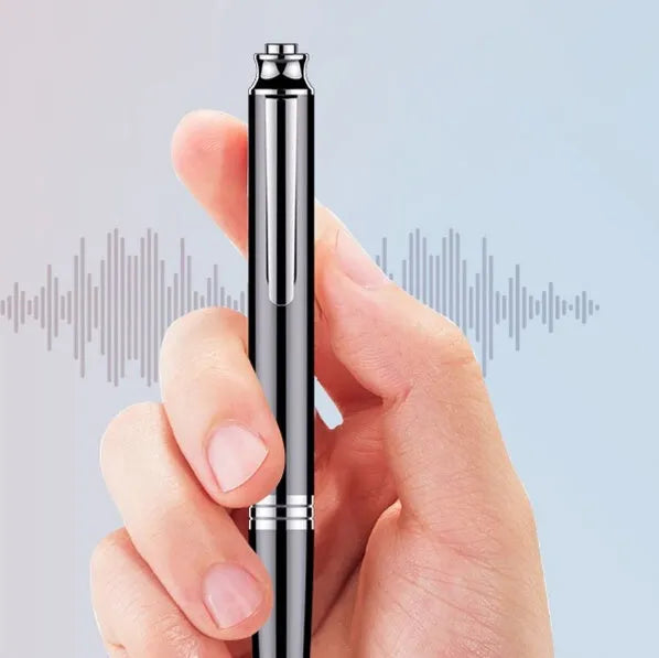 Black pen-style USB recorder MP3 player showing length and thickness.