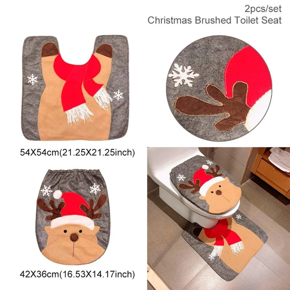 Christmas bathroom decoration set with flannel toilet cover, floor mat, and shower curtain in Santa design