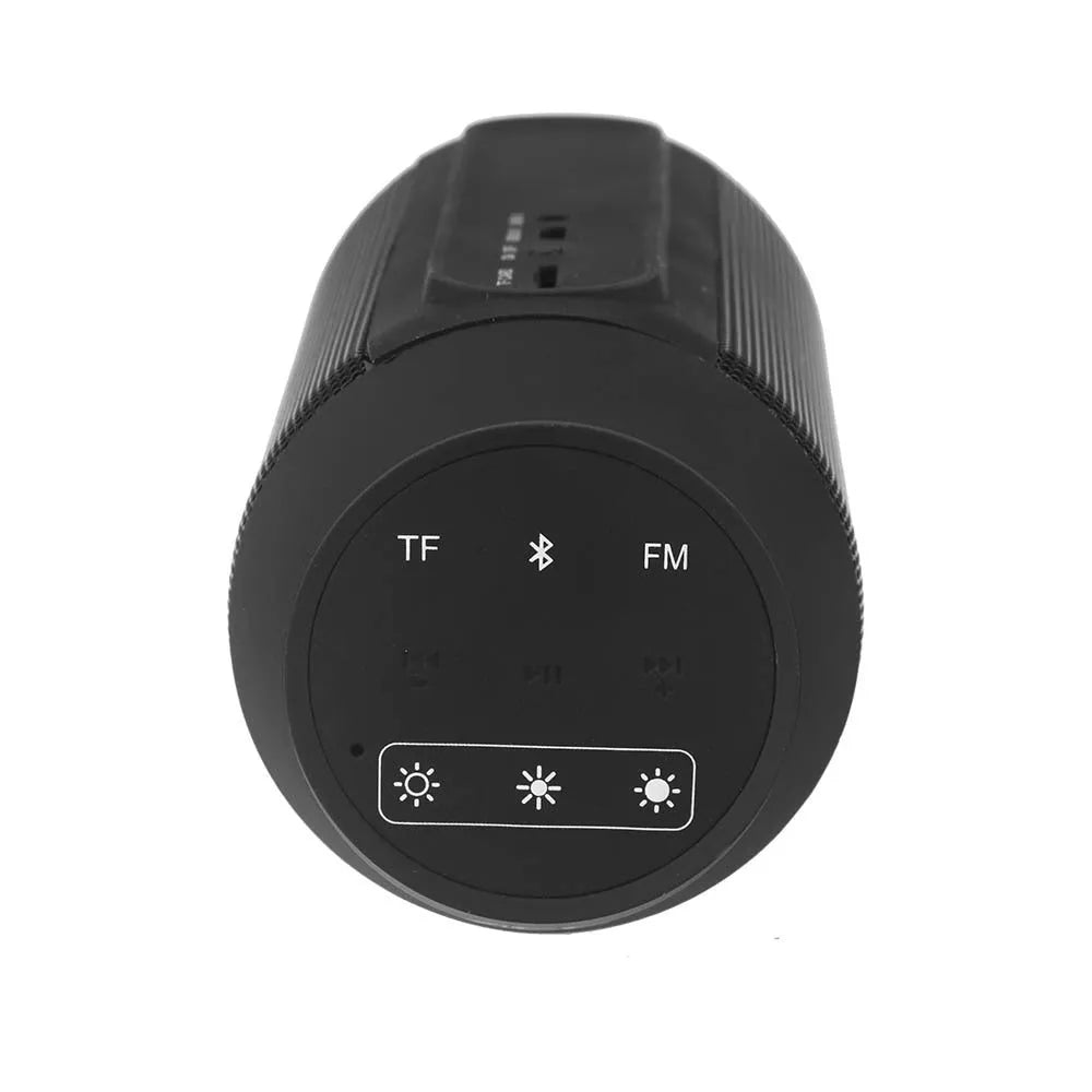 Mini black or white Bluetooth stereo speaker with colourful LED lights showing 360° sound design