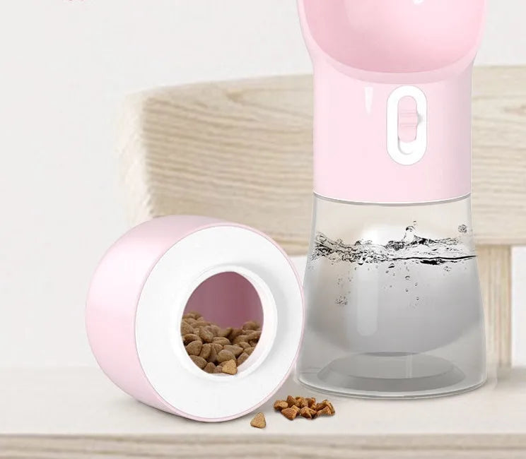 Portable dog water dispenser bottle with 258ml water cup and 200g food container in pink, green, blue, or grey