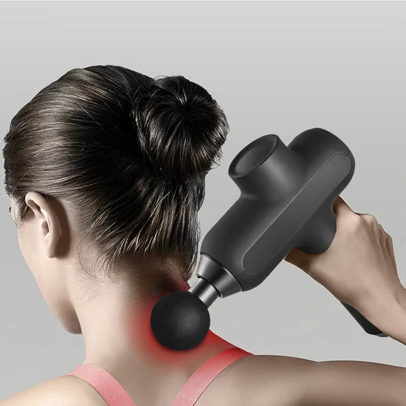Handheld electric muscle massager with multiple attachment heads in black, red, or silver colour.