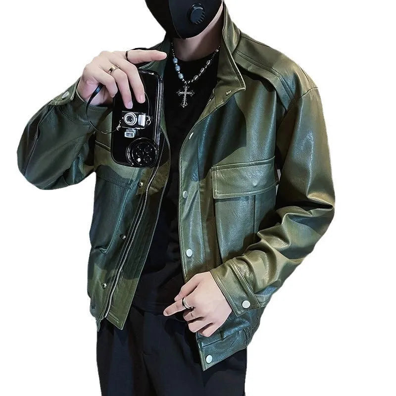 Men's black PU leather Korean-style pilot jacket with a regular fit and straight hem.