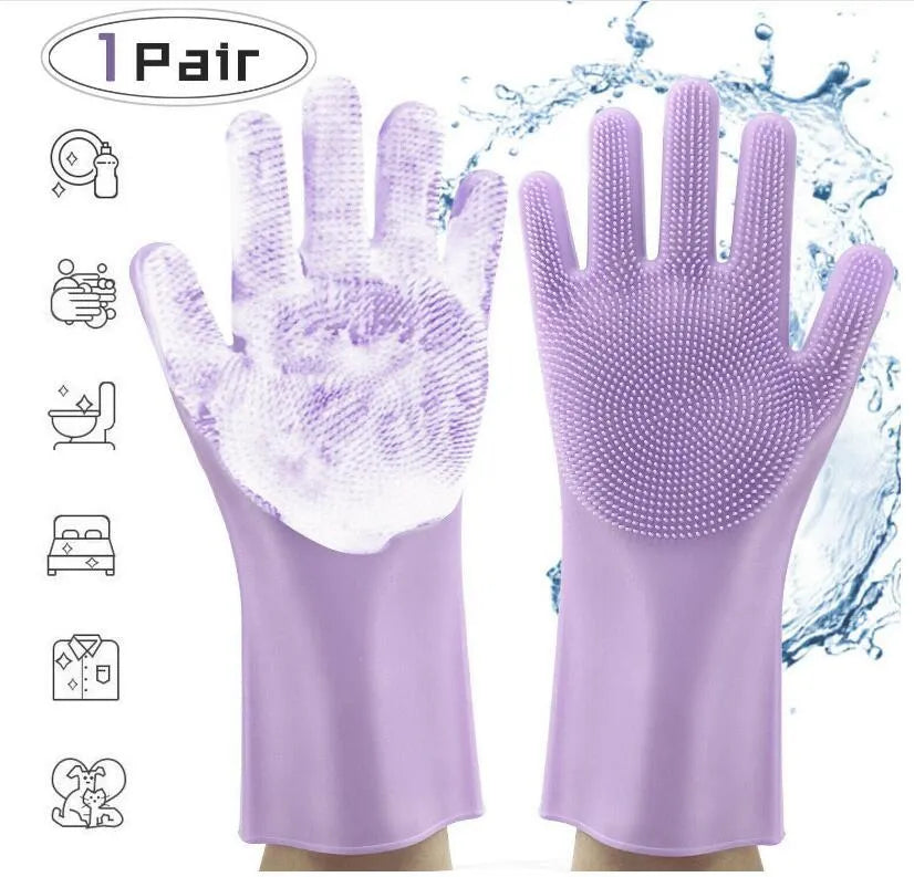 Blue silicone cleaning gloves with textured scrubbing surface on palms for washing dishes