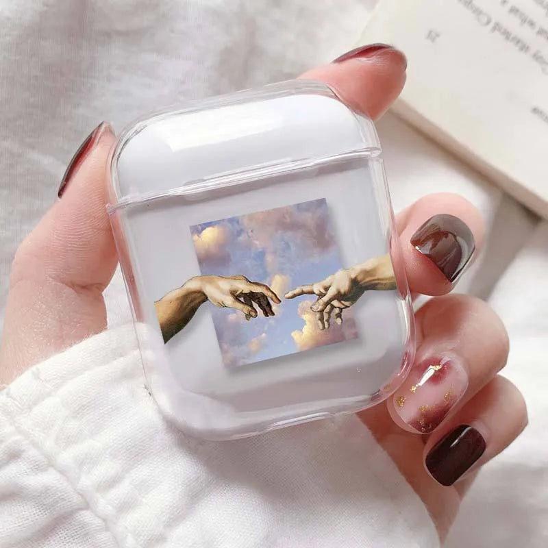 Transparent plastic AirPods protective case showing compatibility with Apple AirPods and AirPods Pro