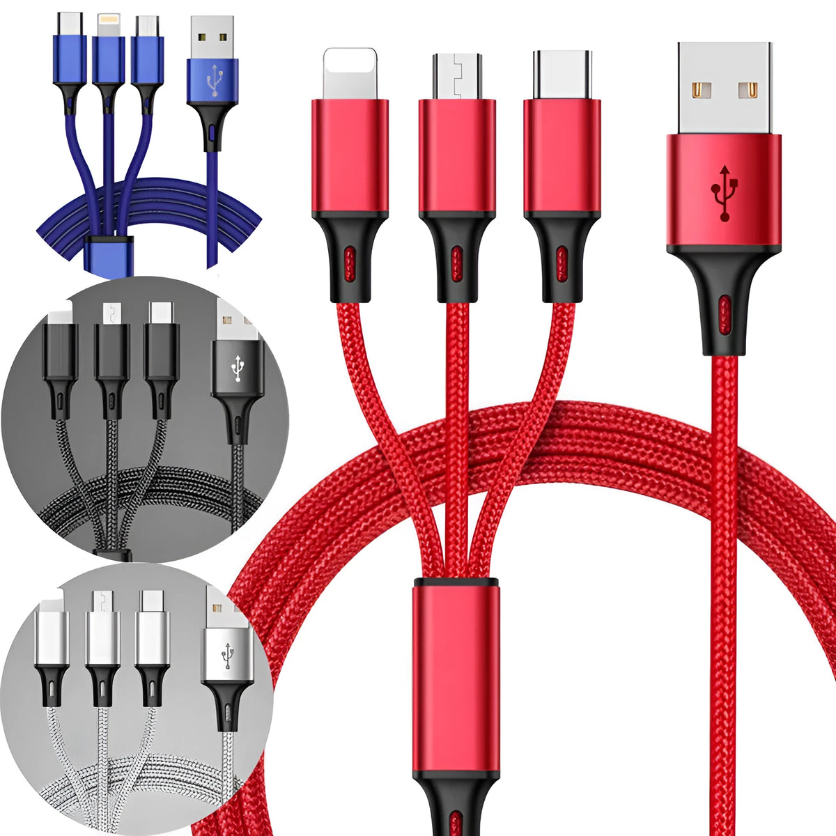 Black 3-in-1 braided charging cable with Lightning, Micro-USB and Type-C connectors on a 1.25m nylon cord