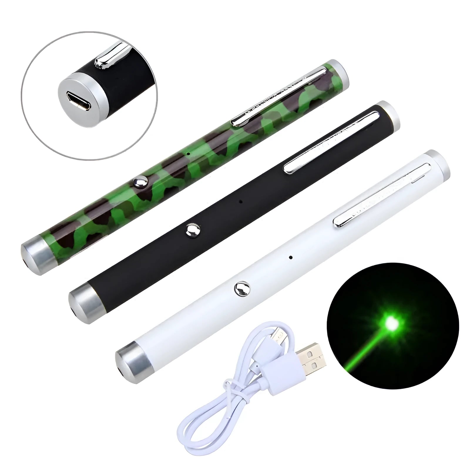 Black, Camouflage, and White 5mW green laser pointer pen on a table.