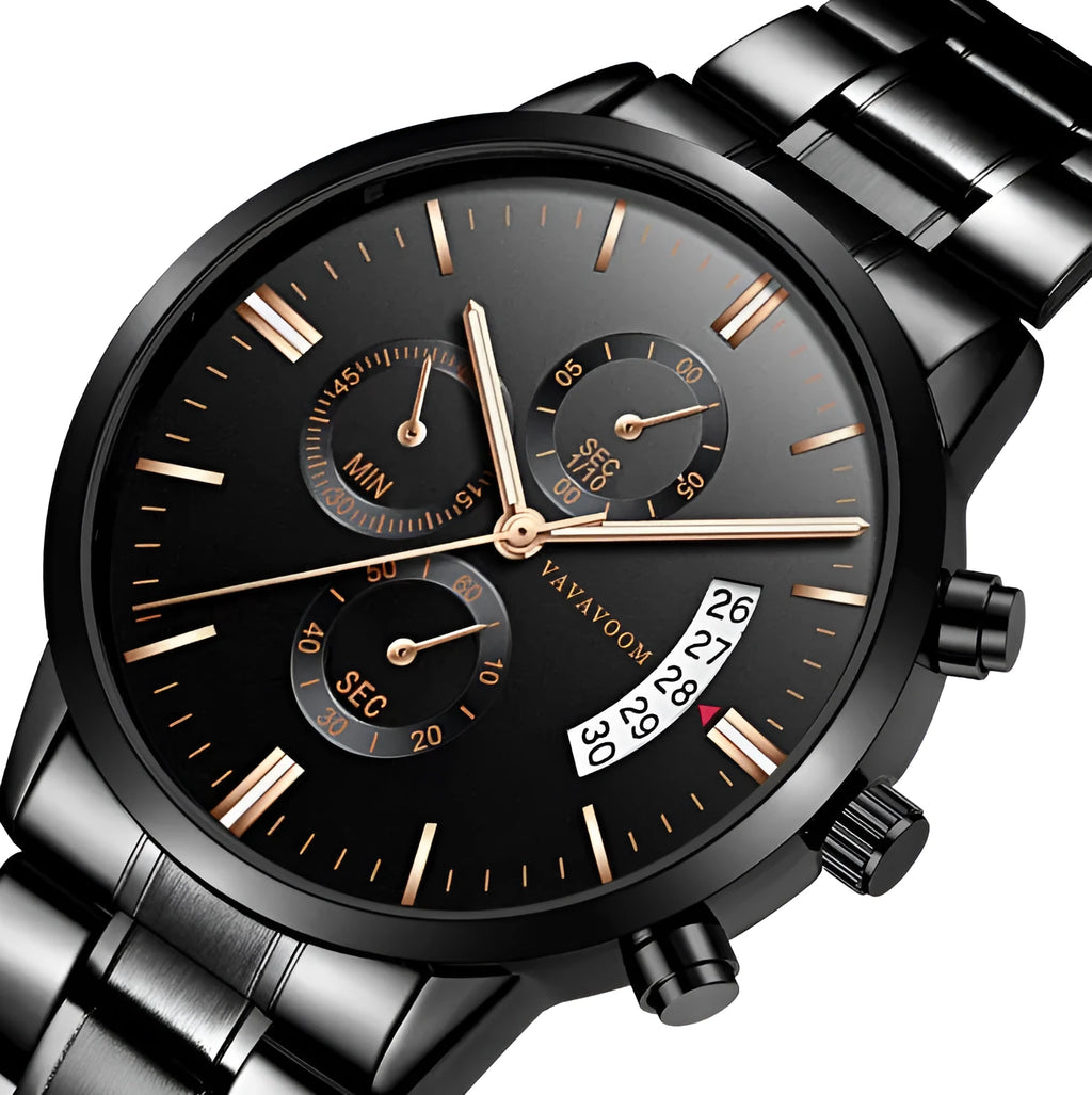 Men's stainless steel quartz watch with round 43mm dial, calendar display, and butterfly buckle