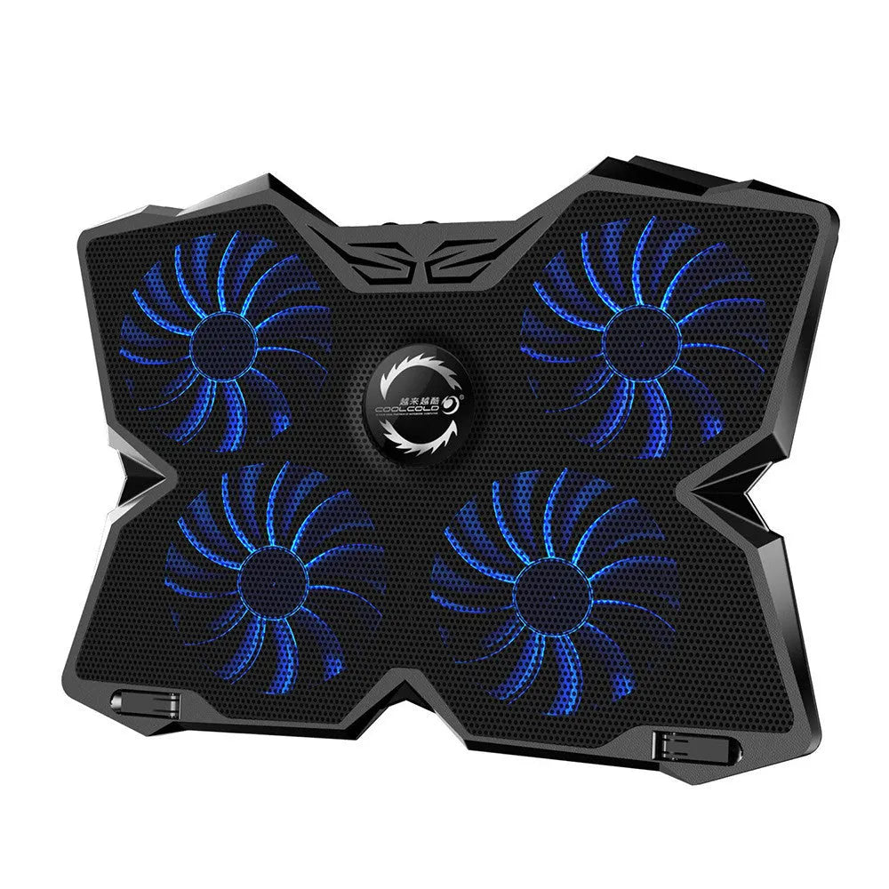 Blue computer cooling pad with four illuminated fans and USB ports
