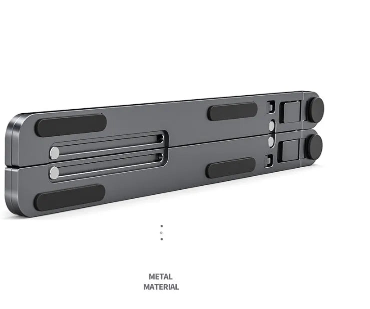 Aluminum alloy laptop stand in silver colour, folded to show its slim profile next to a 15-inch laptop.