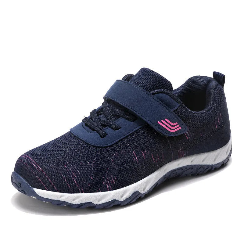 Women's grey purple wedge shoes with mesh upper and velcro strap fastener