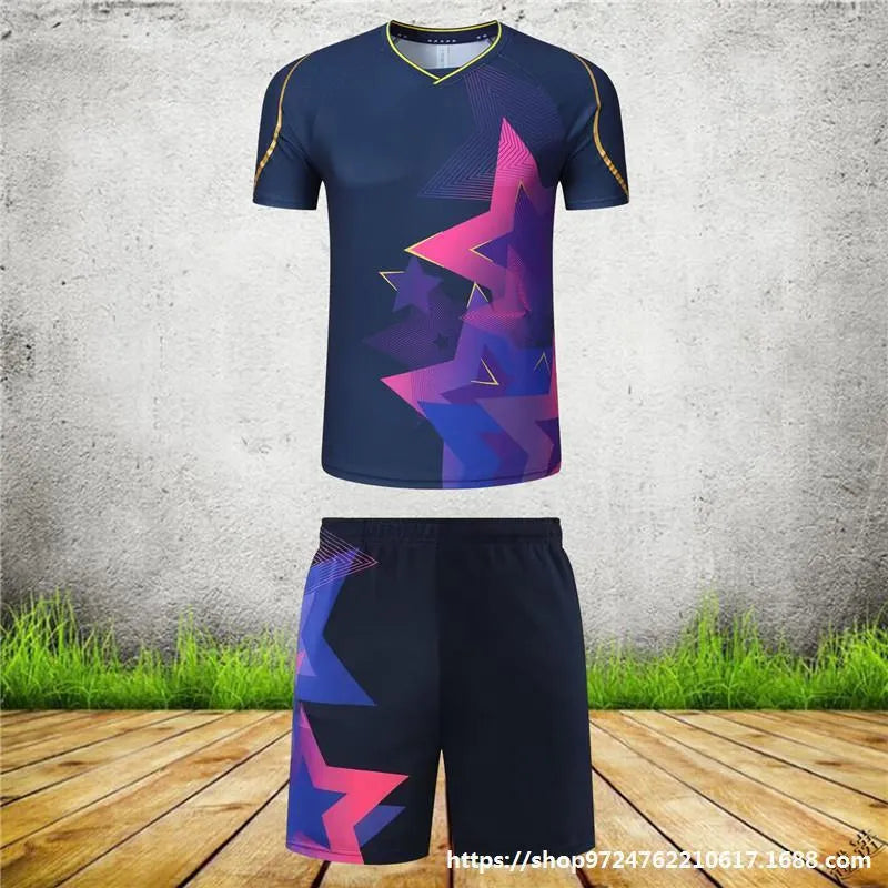 Sapphire blue and purple badminton sportswear outfit with short-sleeved top and trousers for men and women