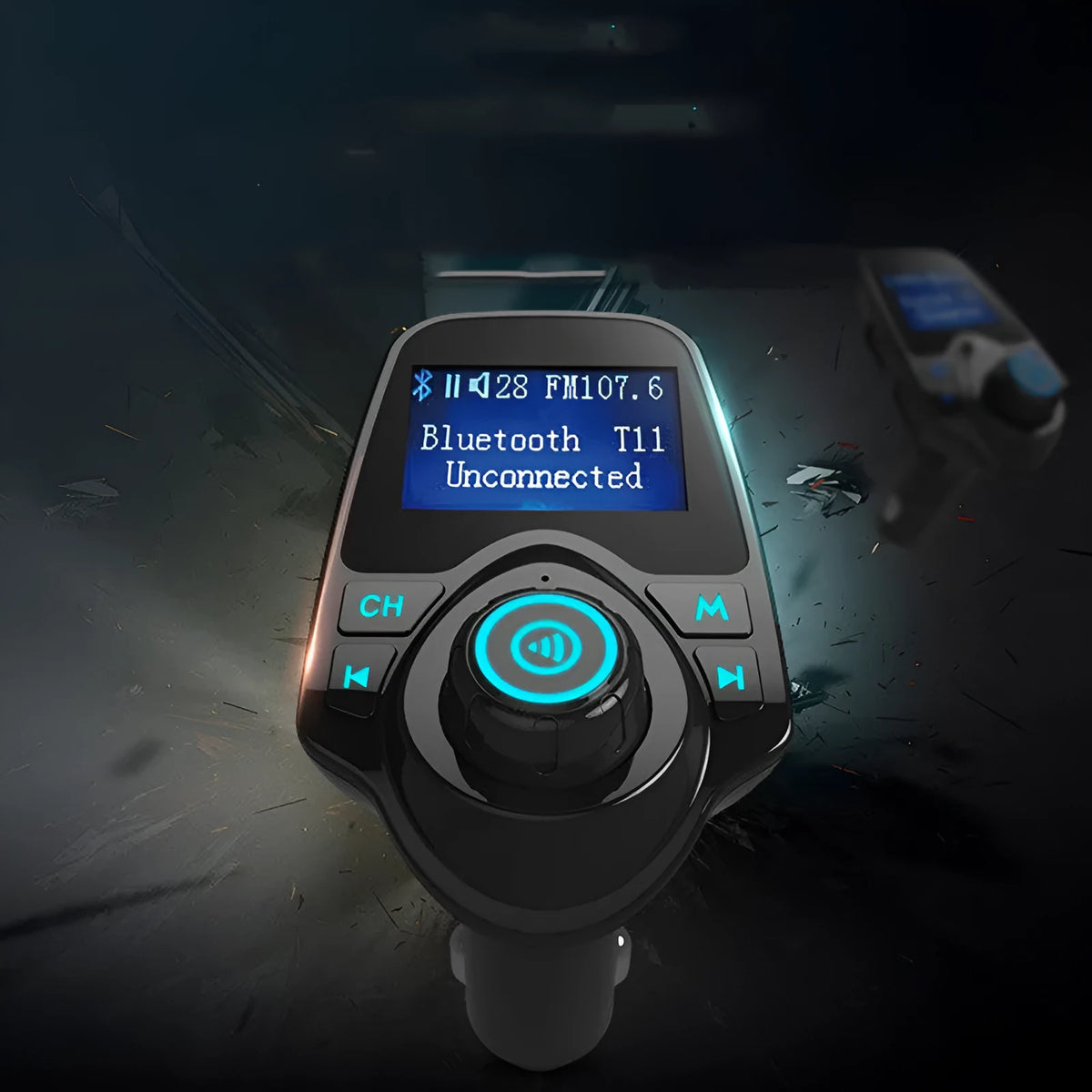 Black G7 Bluetooth car FM transmitter and hands-free kit plugged into a car dashboard