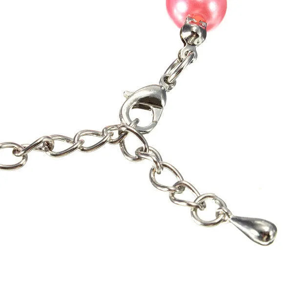 Pet pearl necklace with 10mm imitation pearls, 7mm rhinestone beads, alloy pendant, and white plated K detail