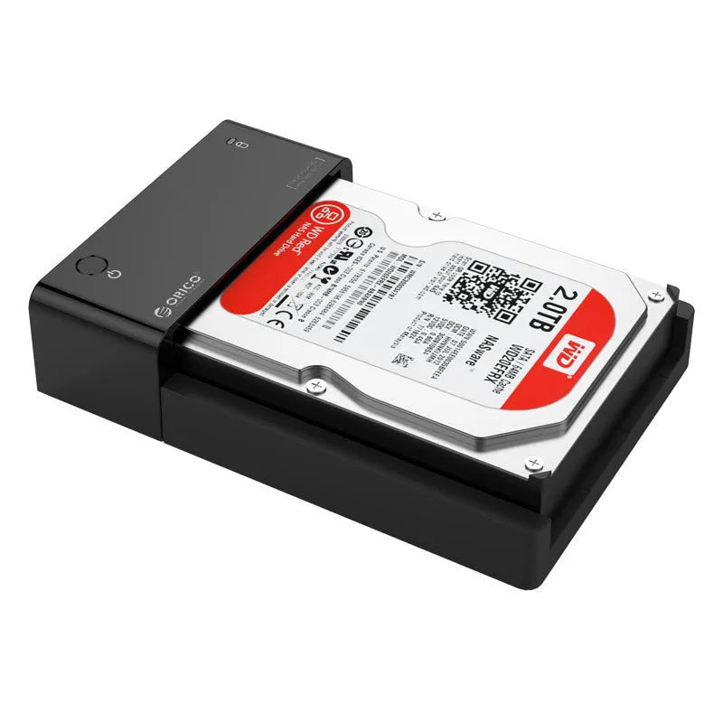 Black plastic 2.5-inch SATA hard drive enclosure with USB cable for external storage conversion
