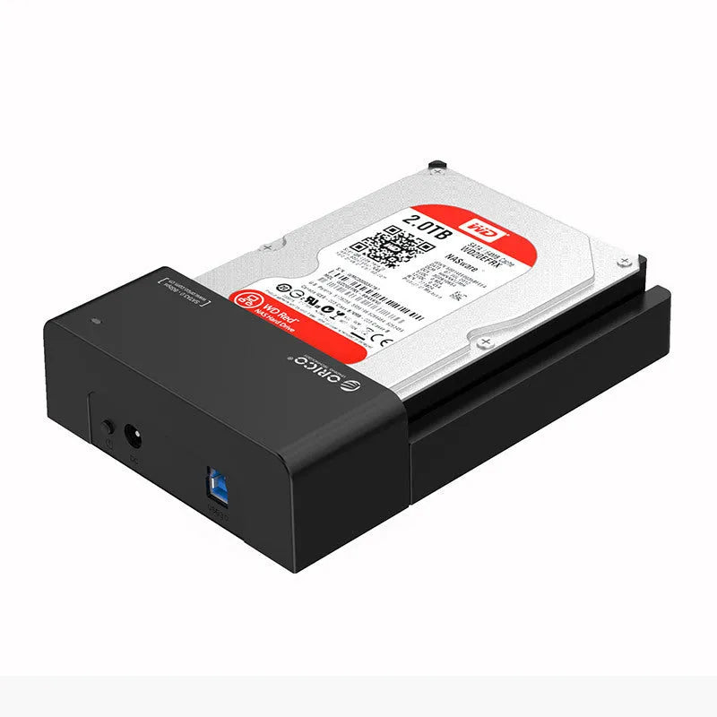 Black plastic 2.5-inch SATA hard drive enclosure with USB cable for external storage conversion