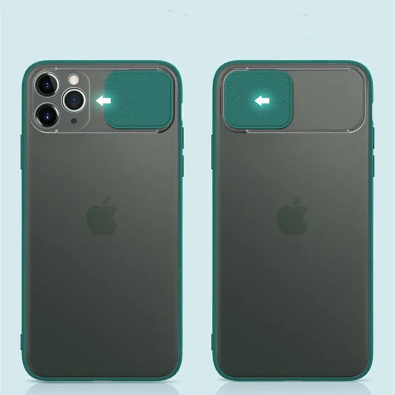A slim iPhone case with a sliding lens cover and a card slot on the back, shown in a choice of colours.
