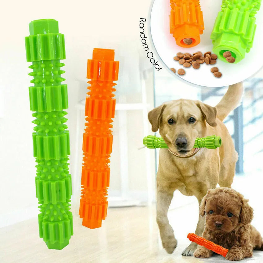 Green natural rubber dog chew toy with textured surface and treat holes for aggressive chewers