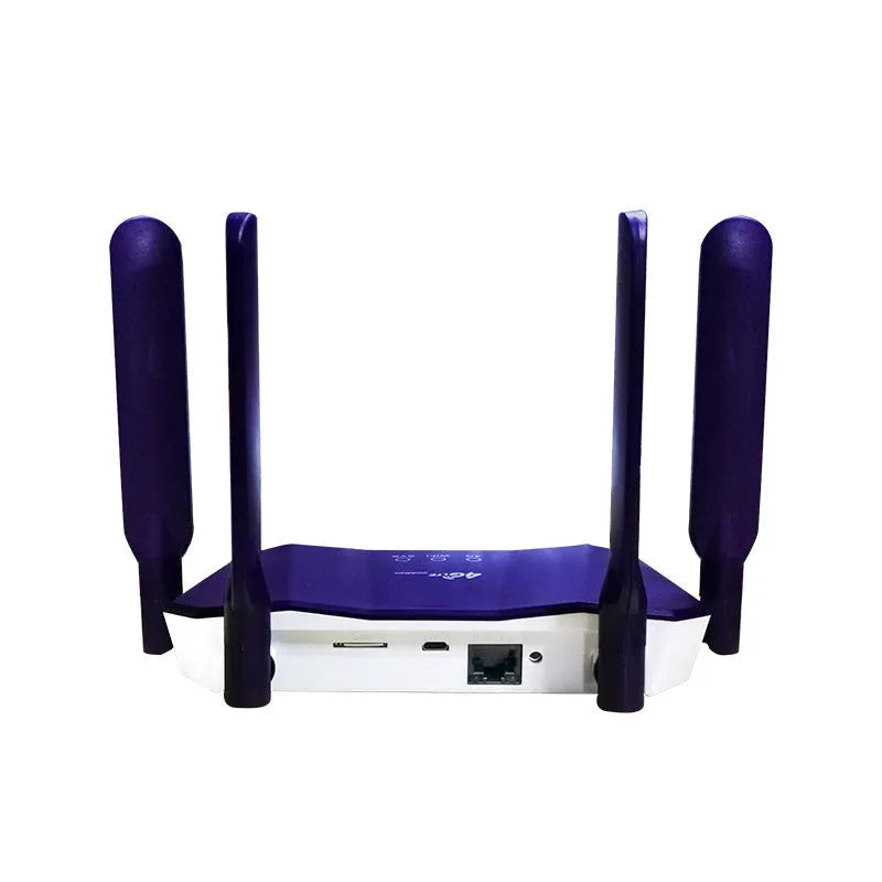 Blue dual-mode 4G and wired router with four external antennas, showing front panel and compact size.
